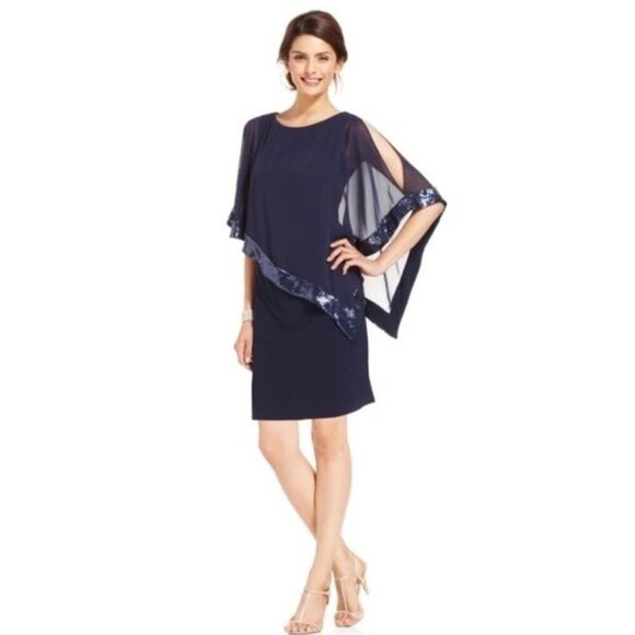 Xscape Capelet Mini Dress Navy Blue Sequin Trim Sheath Sheer Cape Sz 10 - Picture 1 of 12